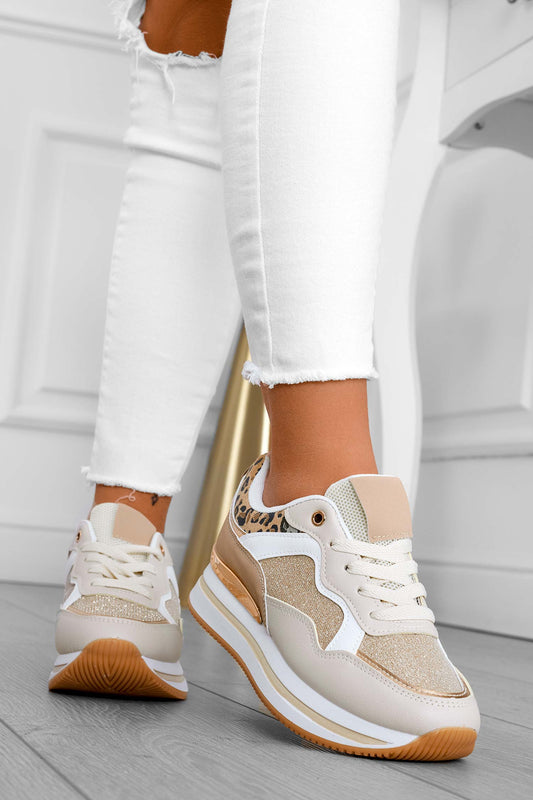 Sneakers beige con inserti glitter e maculati
