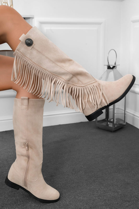 BLANCA - Beige cowboy boots with fringes