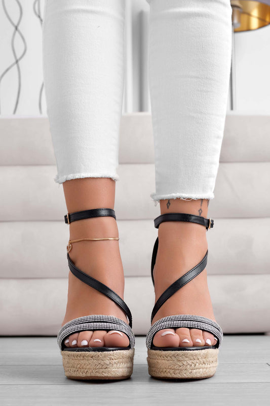 DEEP - Espadrille sandals with black wedges and jewel bands
