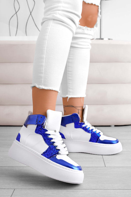 White sneakers with blue glitter inserts
