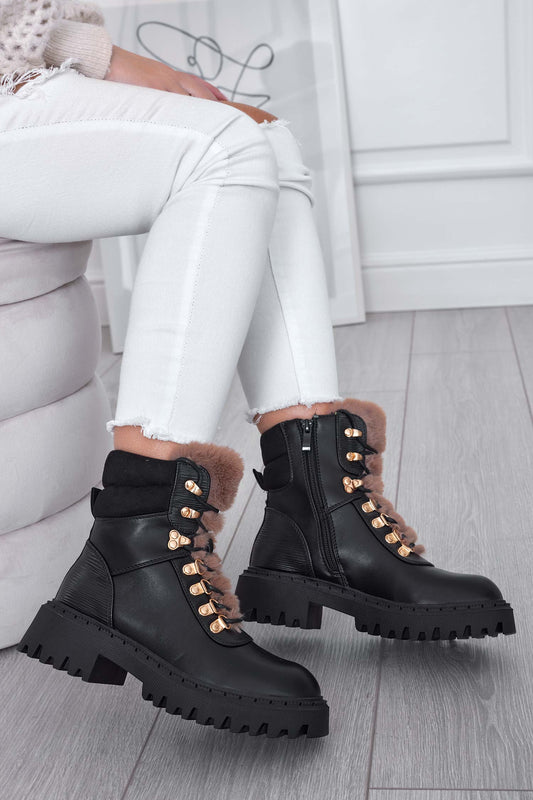 MATHIAS - Black combat ankle boots with faux fur tongue