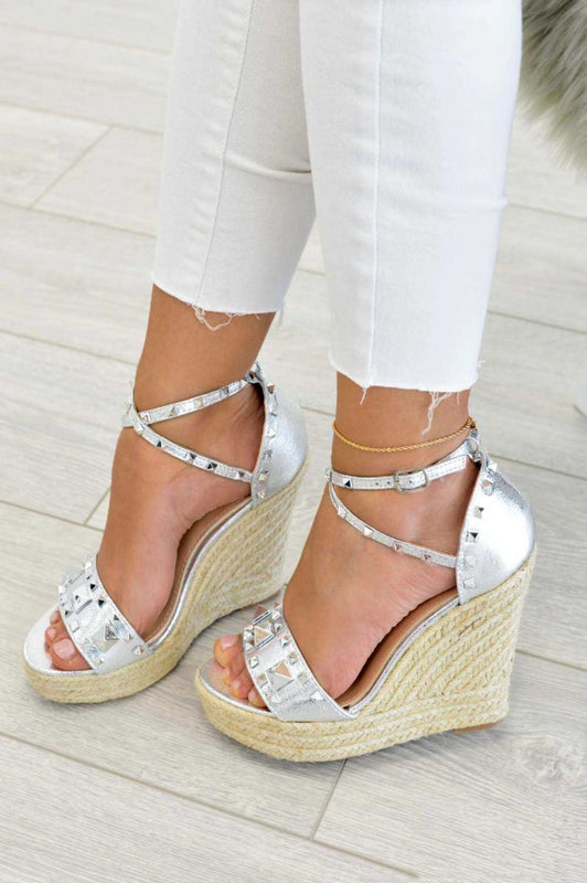 KETTY Silver espadrilles with wedge and studs