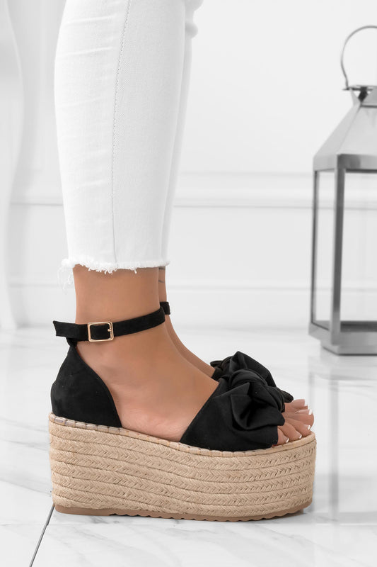 Black espadrille sandals with high wedge and bow