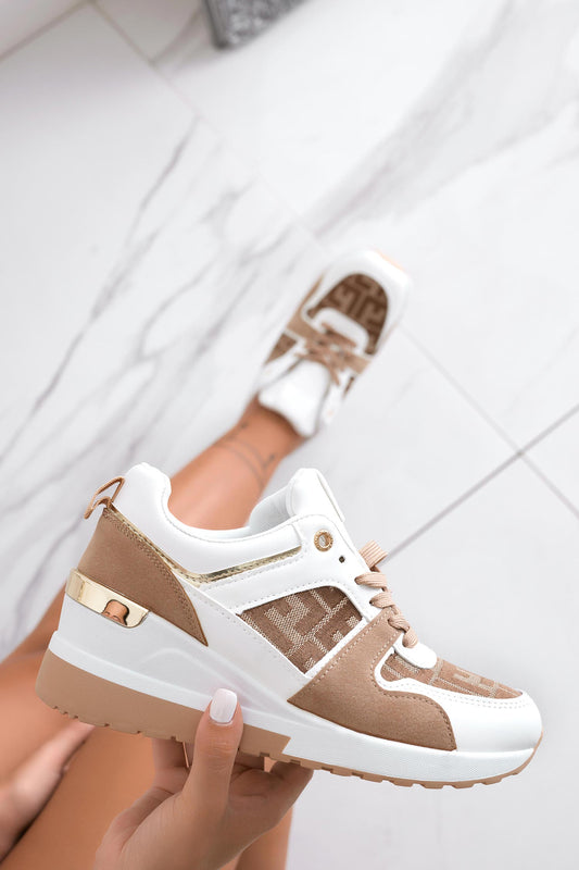 CLARISSA - White sneakers with beige fabric inserts