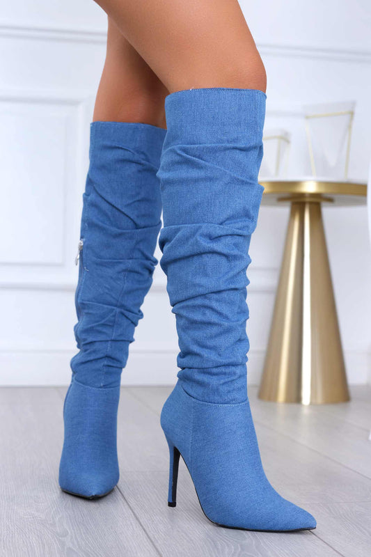BORIS - Thigh-high blue jeans boots with stiletto heel