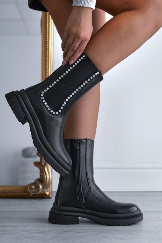 GIRONA - Bottines noires avec élastique et bordure strass