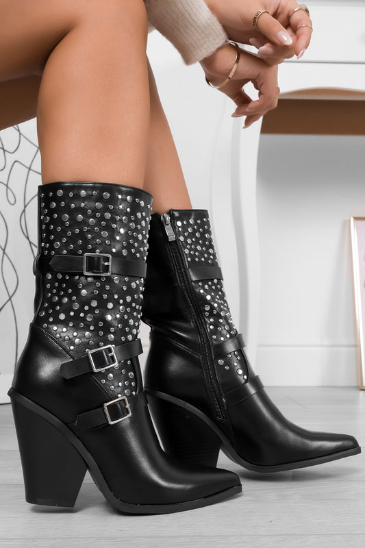COSIMA - Black camperos ankle boots with buckles and silver studs