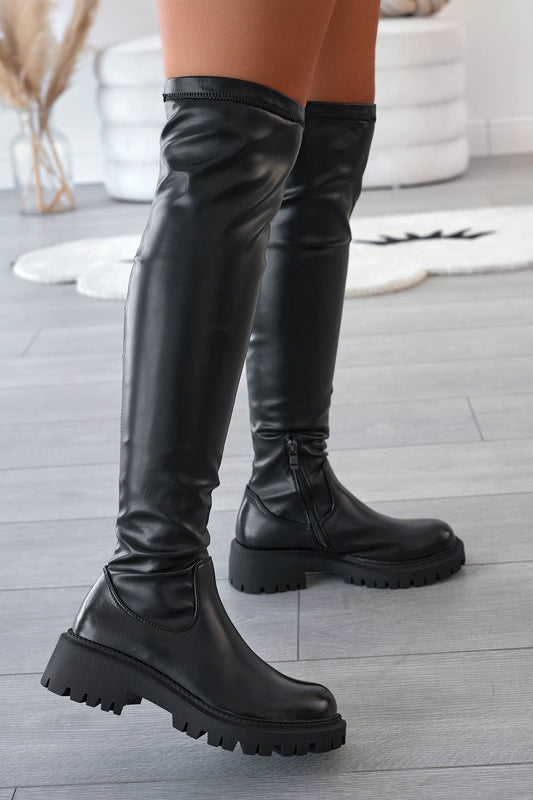 Black over-the-knee boots in faux leather