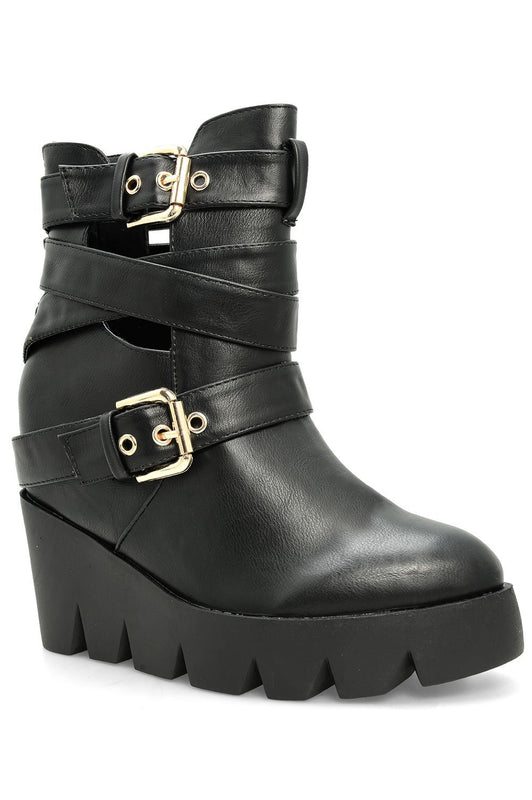 SUSANNA - Black ankle boots with wedge and golden buckles