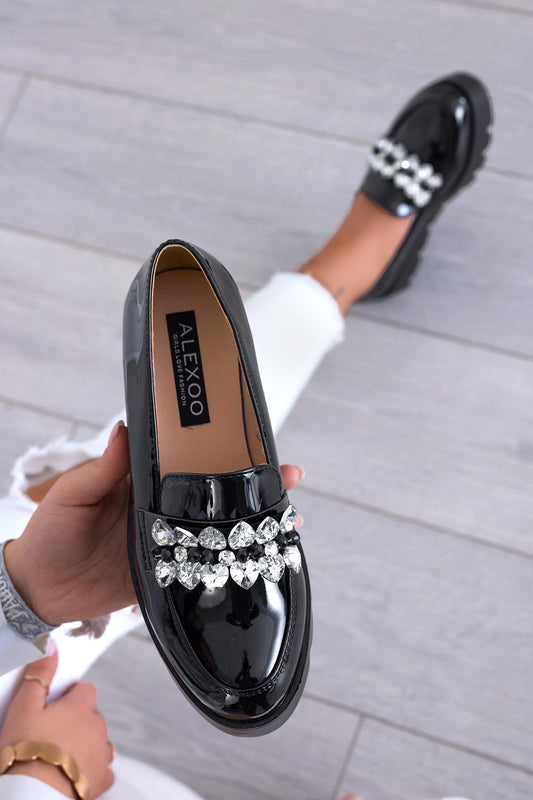 CECILIE - Black patent loafers with rhinestones
