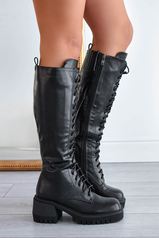 Bottes de combat Alexoo noires avec lacets et strass à l'arrière
