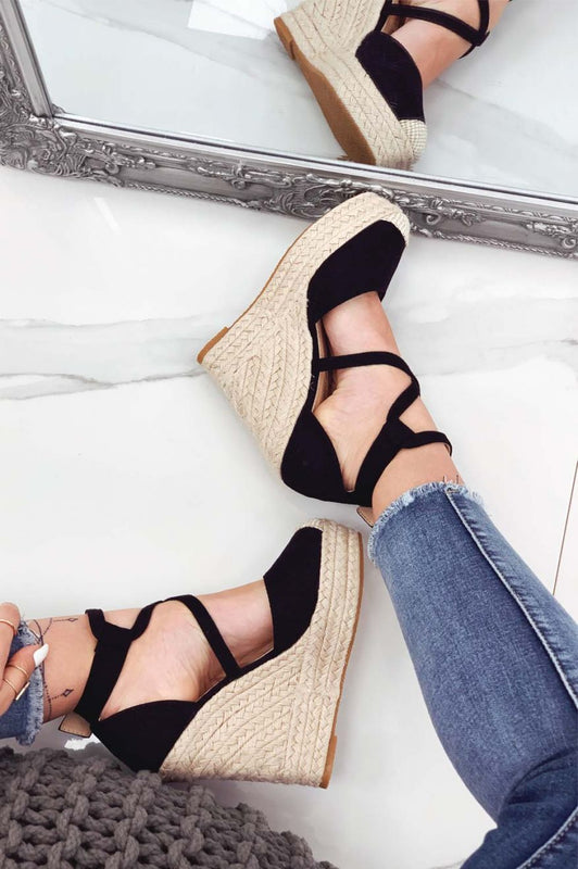 Espadrilles noires à semelle compensée et brides croisées