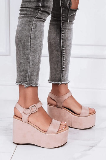Beige sandals with platform wedge