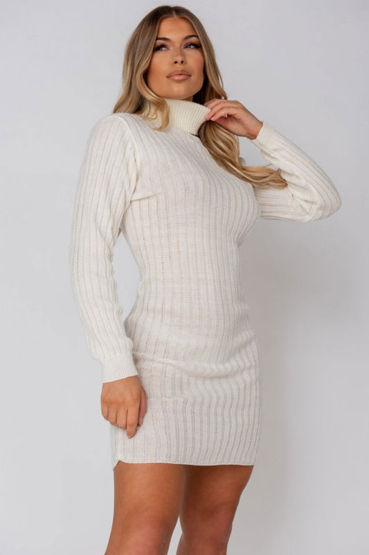 White ribbed knit dress with high collar