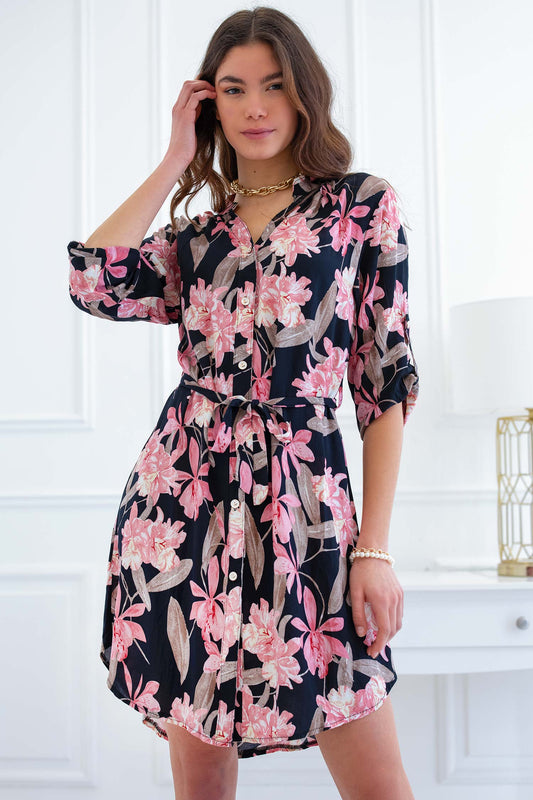 Black shirt dress with floral print and waist tie