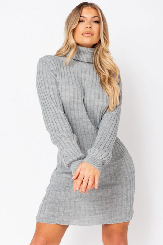 Grey elastic dress with high collar