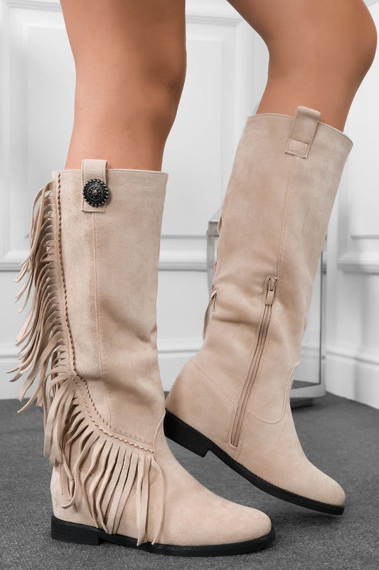 BLANCA - Beige cowboy boots with fringes