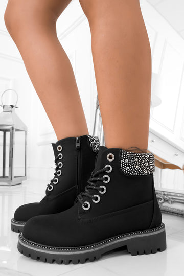 Black combat ankle boots with rhinestones on the edge