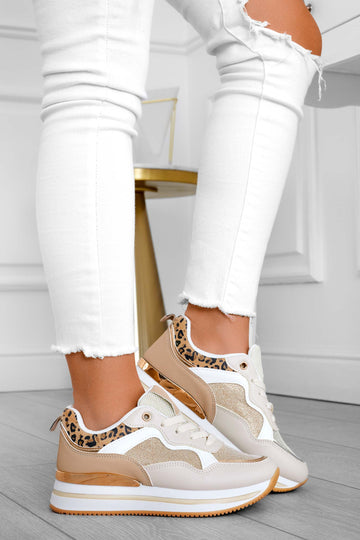 Beige sneakers with glitter and animal print inserts