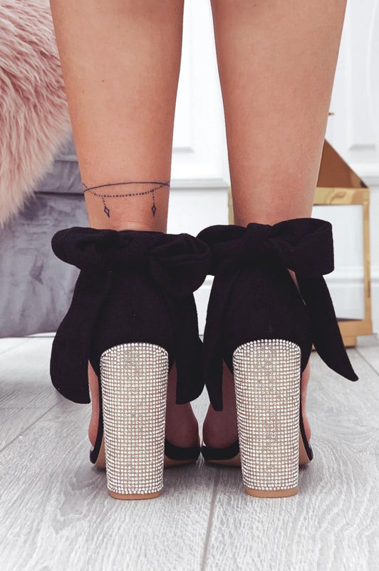 Black suede sandals with bow on back and embellished heel Deena