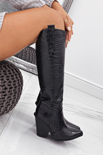 Black crocodile-effect boots with conical heel