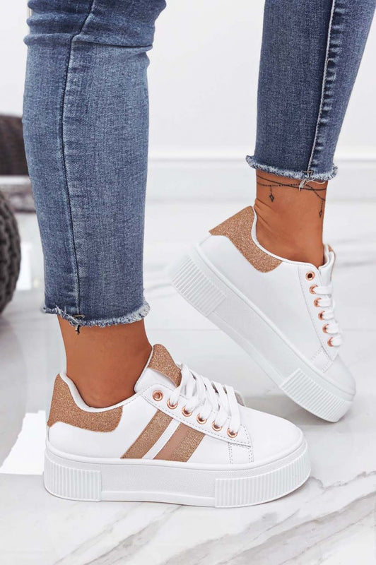 Zapatillas blancas con cordones e inserciones de glitter oro rosa