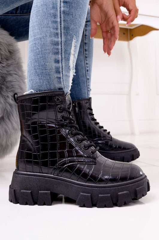 TASSIA - Black ankle boots with crocodile print