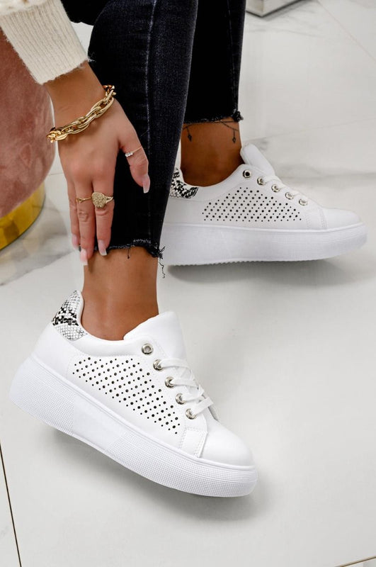 BRIDGET - White sneakers perforated with chunky sole and python back