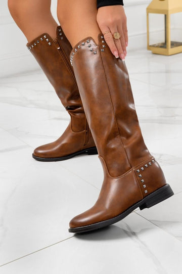Camel faux leather boots with studs