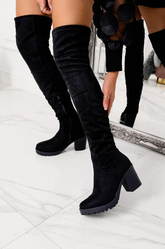 Cuissardes noires en daim avec talon confortable