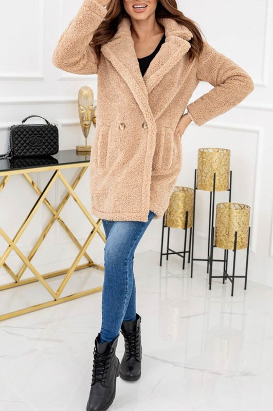 Brown teddy coat with pockets and buttons