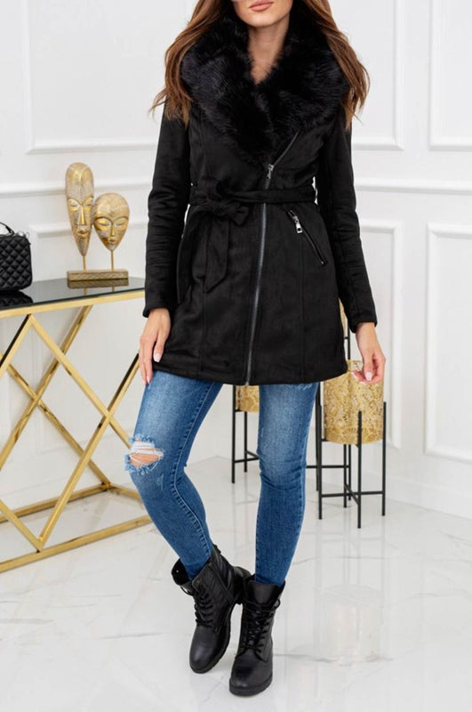 Black suede long coat with drawstring and faux fur collar