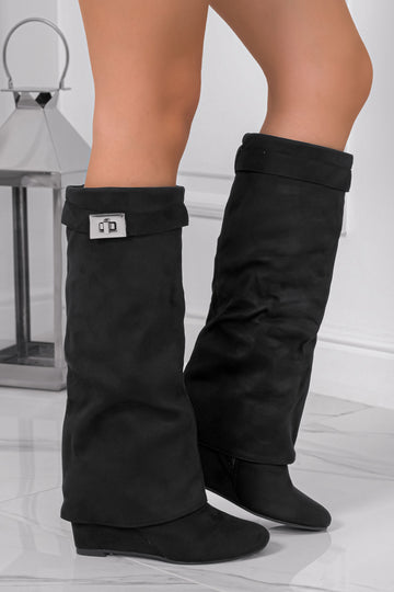 Black suede boots with cuff and wedge heel