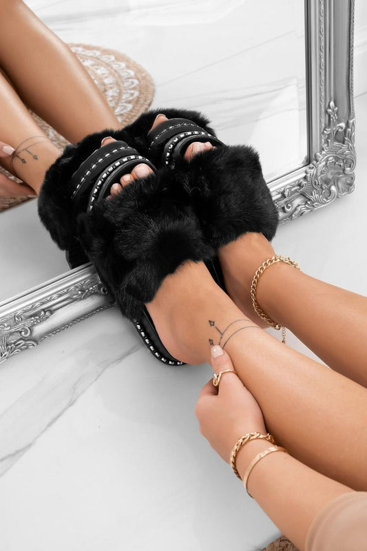BAMBI - Black slip-on sandals with faux fur