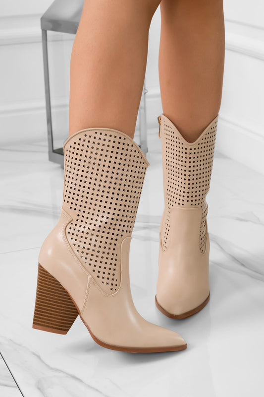 CONNOR - Beige perforated boots with faux wood heel