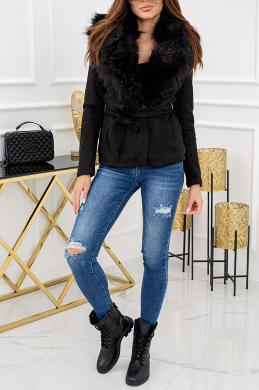 Black suede coat with faux fur collar