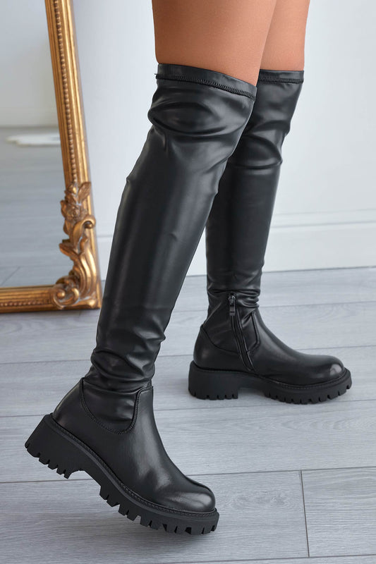 Black over-the-knee boots in faux leather