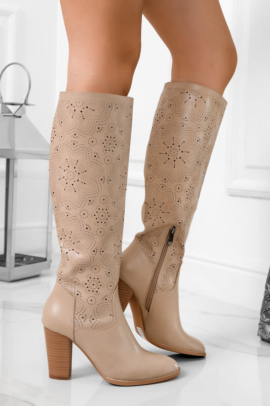 CHANTAL - Beige perforated faux leather boots with block heels