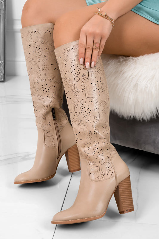 CHANTAL - Beige perforated faux leather boots with block heels