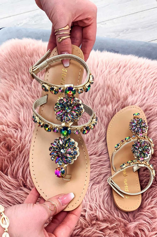 Sandales tongs bijoux plats multicolores avec pierres