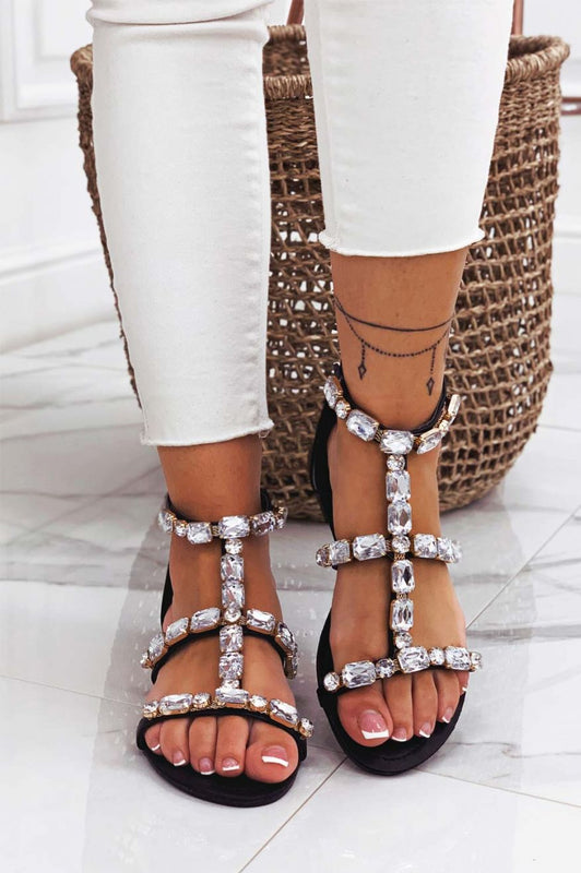 Black jeweled flat sandals