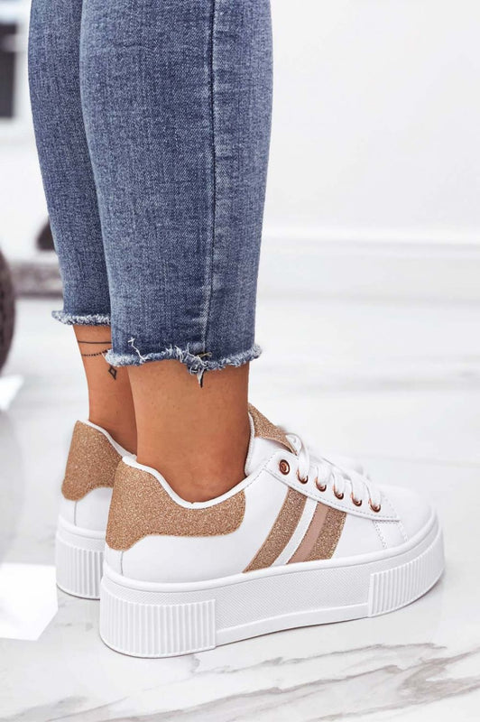 Zapatillas blancas con cordones e inserciones de glitter oro rosa