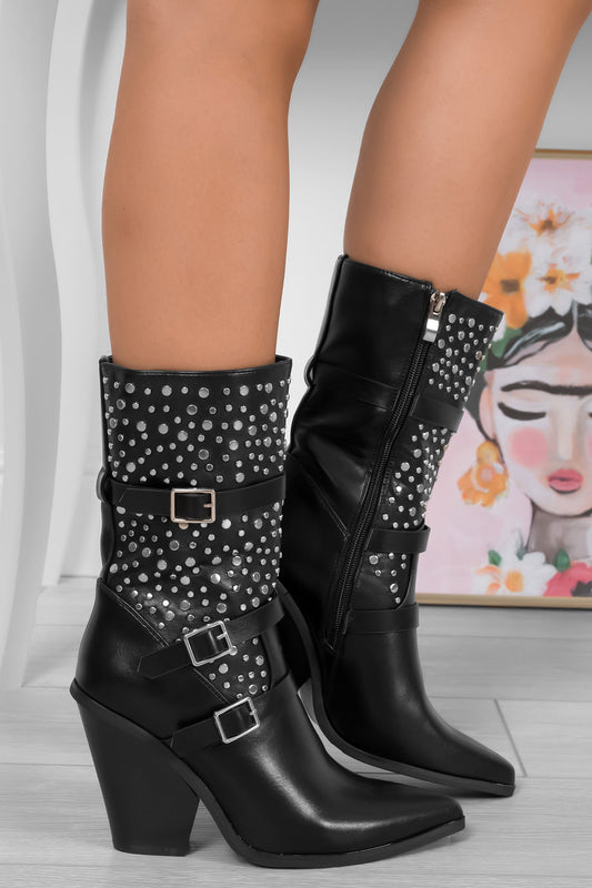 COSIMA - Black camperos ankle boots with buckles and silver studs