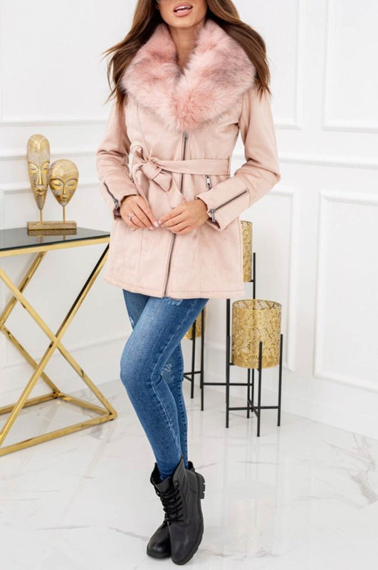 Pink suede long coat with drawstring and faux fur trim