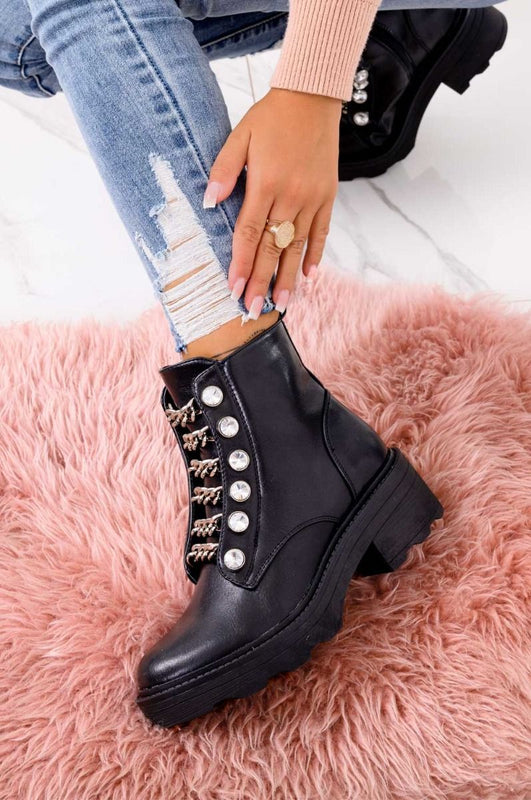 Bottines noires biker avec chaînes et strass