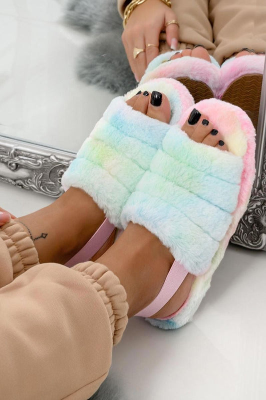 DAINA - Sandalias tipo chancla arcoíris de piel sintética con elástico