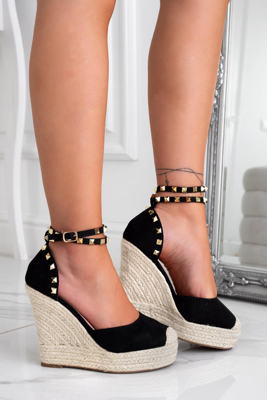 ALICIA - Black suede espadrilles with gold studs