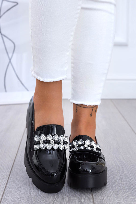 CECILIE - Black patent loafers with rhinestones