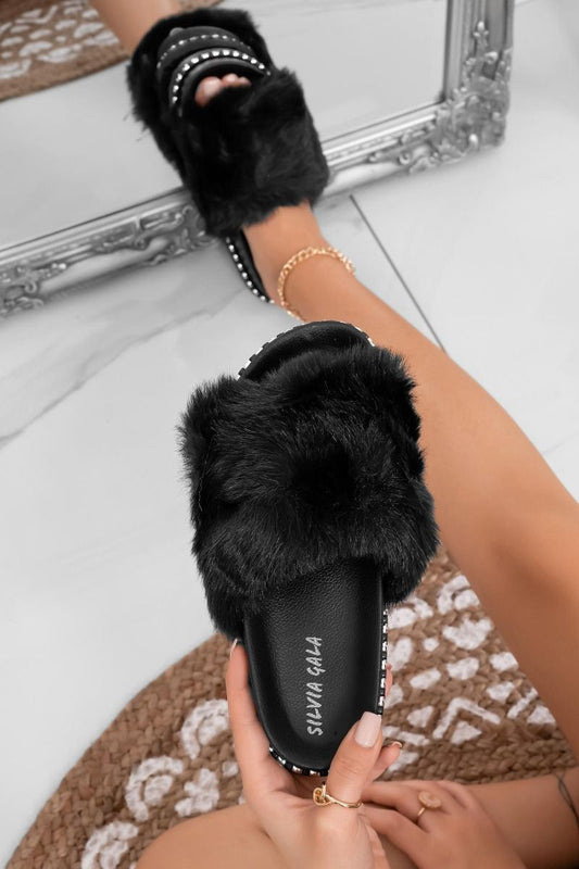 BAMBI - Black faux fur slipper sandals