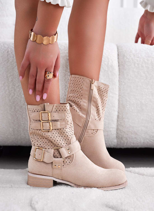 ADRIA - Beige perforated ankle boots with gold buckles